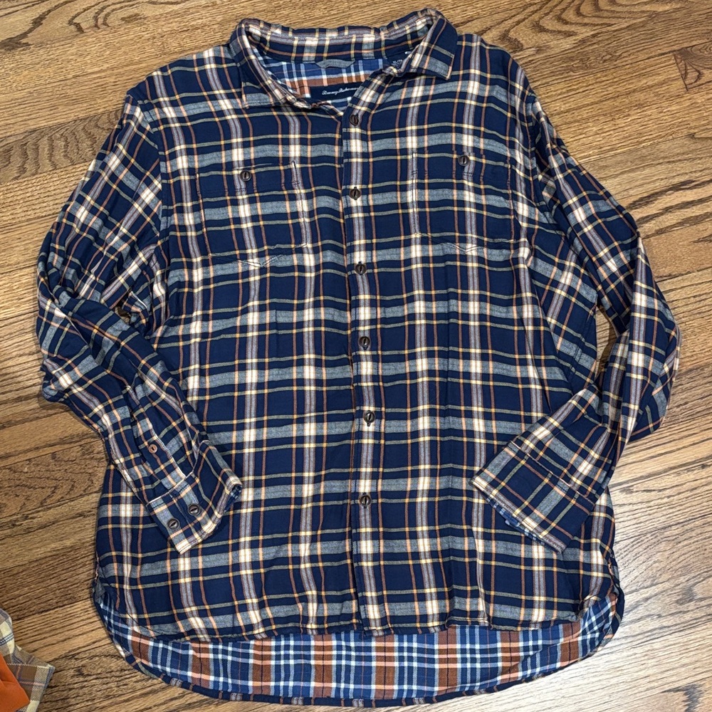 Tommy Bahama Navy Plaid Shirt & Cream/orange Accents XL